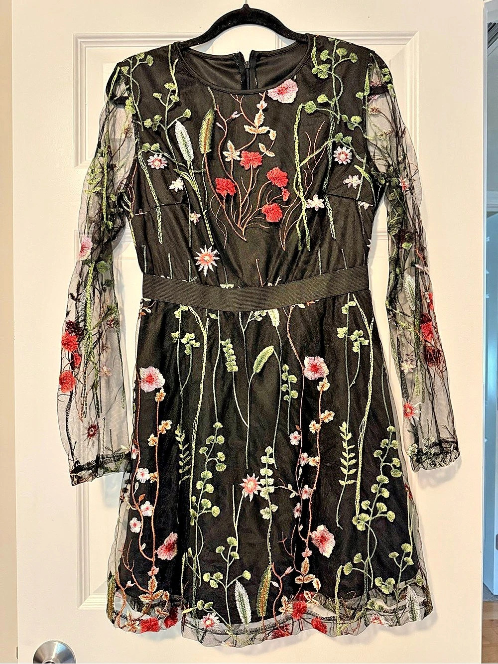 Floral Embroidered Mini Dress in Black & Multicolor, Medium